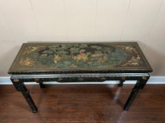 Consolle cinese d'epoca, laccata nera, in stile chinoiserie, con decorazioni dorate dipinte a mano, 1950 circa