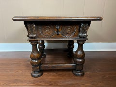 Antique English Side End Table Small Square Carved Oak Jacobean Revival c1910