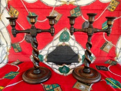 PAIR Antique English Oak Barley Twist Candlesticks Candelabras Candle Holders