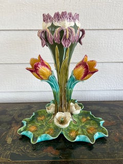 Antique French Majolica Vase Centerpiece Onnaing Art Nouveau Iris Tulip c1900