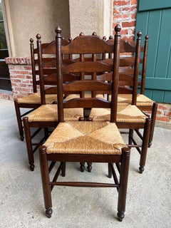 Set aus 6 englischen Esszimmerstühlen im Vintage-Stil, Eiche, mit Leiterlehne und geflochtener Sitzfläche aus Binsengeflecht