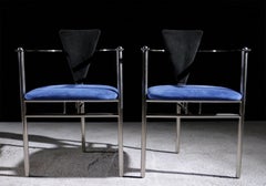 Set of 4 Belgo Chrom Postmodern Armchairs, Black and Blue Alcantara, 1980s
