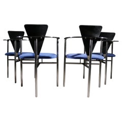 Set of 4 Belgo Chrom Postmodern Armchairs, Black and Blue Alcantara, 1980s