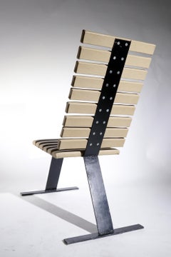 Sculptural Brutalist Rib Chair, Black Steel Spine and Beige Leatherette, 1980s