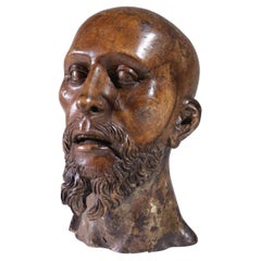 Carved Wood Head of a Bald Bearded Saint or Apostle, Possibly St. Paul, c. 1600