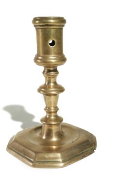 Small 17th Century French Bronze Candlestick with Cut-Corner Base