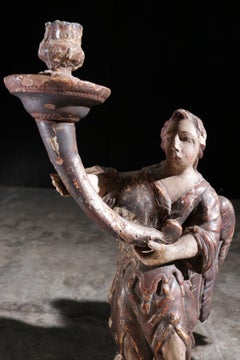 Pair of Spanish Baroque Polychrome Carved Angel Candleholders, circa 1690