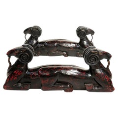 Hollywood Regency Carved Rams Coffee Table with Glass Top, 1980s