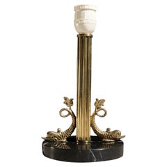 French Neoclassical Brass Dolphin Table Lamp on Black Marble, 1950s