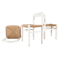 Pair of White Rush Seat Dining Chairs, Charlotte Perriand Style, 1960s