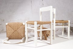 Pair of White Rush Seat Dining Chairs, Charlotte Perriand Style, 1960s