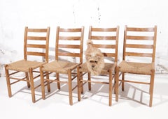 Set of 4 Scandinavian Pine Ladder-Back Chairs with Seagrass Seats, 1960s