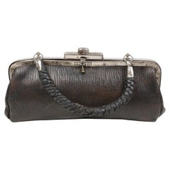Art Deco Black Ribbed Leather Frame Handbag with Braided Handle, circa 1920