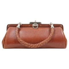 Art Deco Cognac Brown Ribbed Leather Frame Handbag, Braided Handle, c. 1920