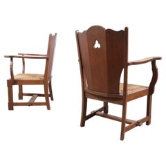 Pair of Dutch Story Book Oak and Rush Armchairs with Pierced Backs, 1930s