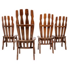Set of 4 Brutalist Oak Dining Chairs with Sculpted Backs and Bouclé, 1970s