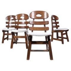 Set of 4 Spanish Brutalist Oak Fishbone Dining Chairs with Bouclé, 1970s