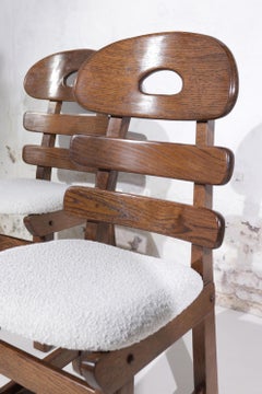Set of 4 Spanish Brutalist Oak Fishbone Dining Chairs with Bouclé, 1970s