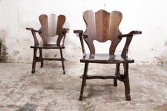 Pair of Story Book Brutalist Dark Oak Fireside Armchairs, 1970s