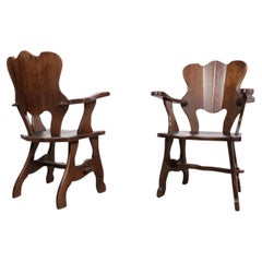 Pair of Story Book Brutalist Dark Oak Fireside Armchairs, 1970s