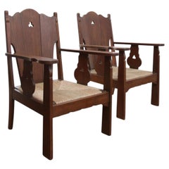 Pair of Dutch Story Book Oak Fireside Chairs with New Rush Seats, c. 1935