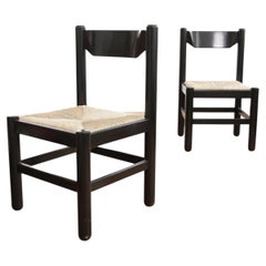 Pair of Black Lacquered Rush Seat Dining Chairs, Magistretti Style, 1970s