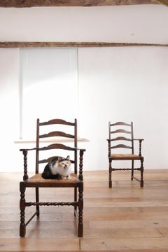 Pair of English Oak Ladder-Back Armchairs with Bobbin Turning and Rush Seats
