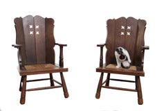 Pair of Dutch Story Book Oak Armchairs with Pierced Backs and Rush, c. 1935