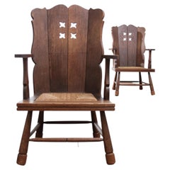 Pair of Dutch Story Book Oak Armchairs with Pierced Backs and Rush, c. 1935