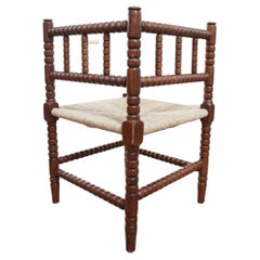 Antique Dutch Oak Bobbin Turned Corner Chair with New Rush Seat, circa 1920