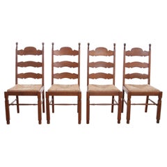 Set of 4 French Country Oak Ladder-Back Dining Chairs with Rush Seats, 1970s
