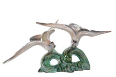 Art Deco Porcelain Sculpture of Two Seagulls over Waves, Iridescent Glaze, 1920s