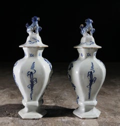 Pair of 18th Century Dutch Delft Blue Lidded Vases, De Fortuyn, VB Mark