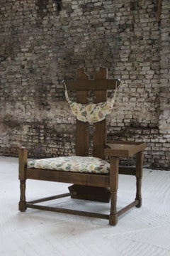 Dutch Brutalist Oak Armchair with Attached Side Table, Floral Upholstery, 1950s