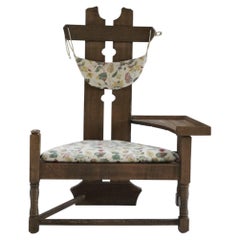 Dutch Brutalist Oak Armchair with Attached Side Table, Floral Upholstery, 1950s