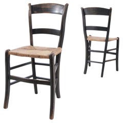 Pair of French Country Rush Seat Chairs in Dark Wood, 1930s