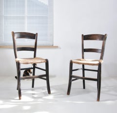 Pair of French Country Rush Seat Chairs in Dark Wood, 1930s