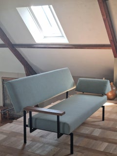 Dutch Mid-Century Daybed Sofa with Black Metal Frame, Wooden Armrests, 1960s