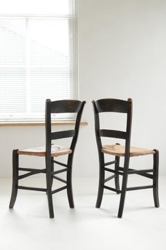 Pair of Antique Northern French Ebonized Rush Seat Chairs, circa 1900