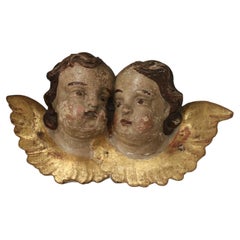 18th Century Carved Giltwood and Polychrome Double Cherub Head Wall Fragment