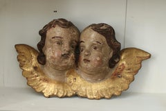 18th Century Carved Giltwood and Polychrome Double Cherub Head Wall Fragment