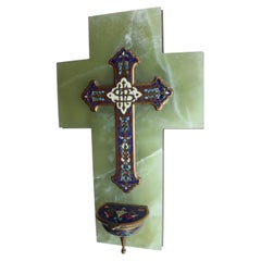French Napoleon III Green Onyx and Champlevé Enamel Holy Water Font, c. 1890