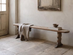 Long French Pine Trestle Bench with Weathered Wabi-Sabi Surface, circa 1900
