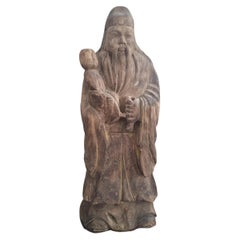 Large Antique Chinese Carved Polychrome Wood Figure Holding a Child, 69 cm