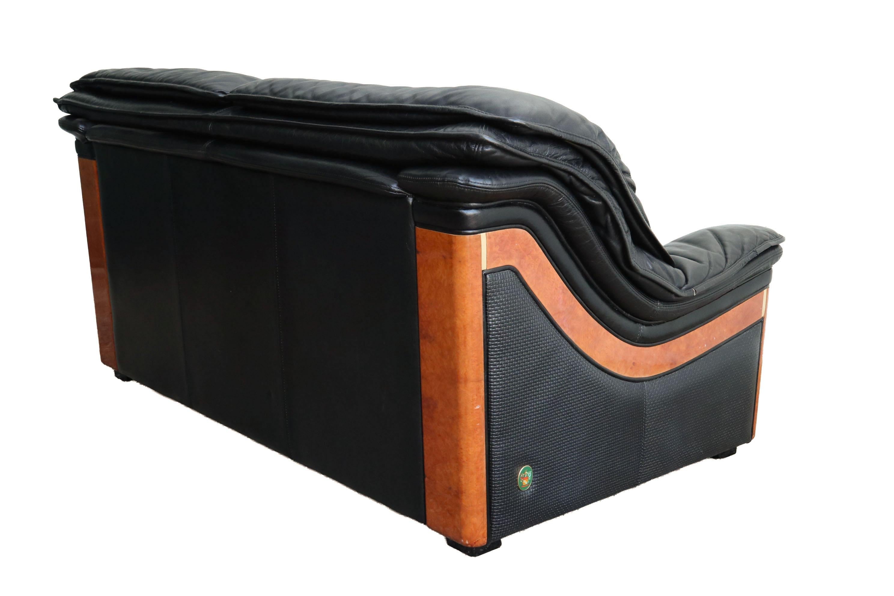 Paolo Gucci for Formitalia Black Leather and Burl Two-Seat Sofa