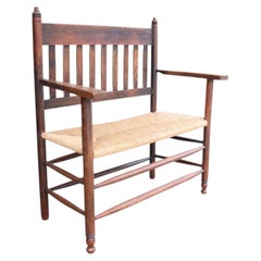 Dutch Arts and Crafts Wooden Bench with Rush Seat and Slatted Back, circa 1900