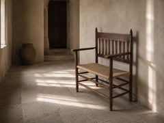 Dutch Arts and Crafts Wooden Bench with Rush Seat and Slatted Back, circa 1900