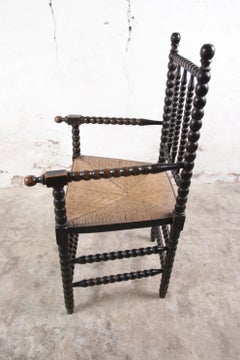Black Bobbin Turned Armchair with Rush Seat, probably Dutch, circa 1900-1930
