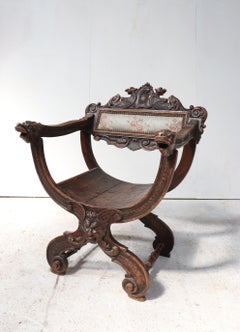 Carved Renaissance Revival Dantesca Chair with Lion Heads, France, 19th C.