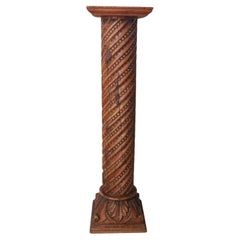 Carved Oak Twisted Pedestal Column with Beading and Acanthus Base, 19th Century